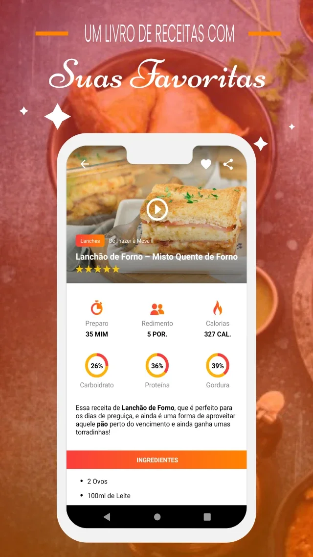 Tela de receita do app com tempos, rendimento, calorias e macronutrientes